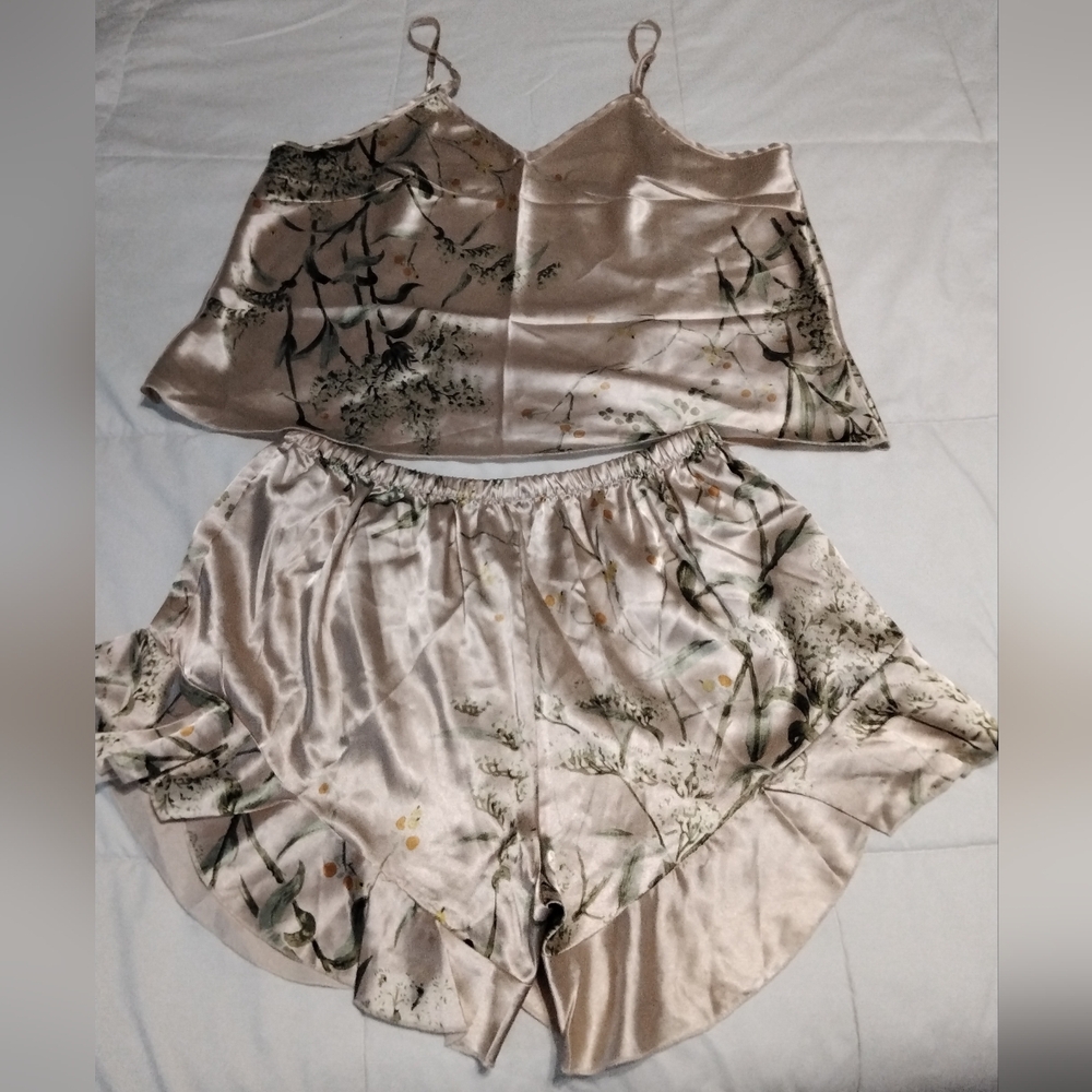 Cream Satin Pajama Set with Ruffled Hem